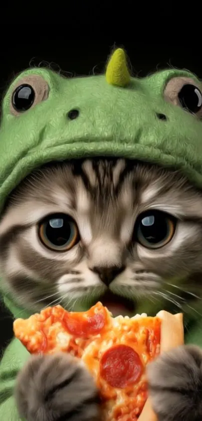Cute cat in dinosaur costume holding pizza slice.
