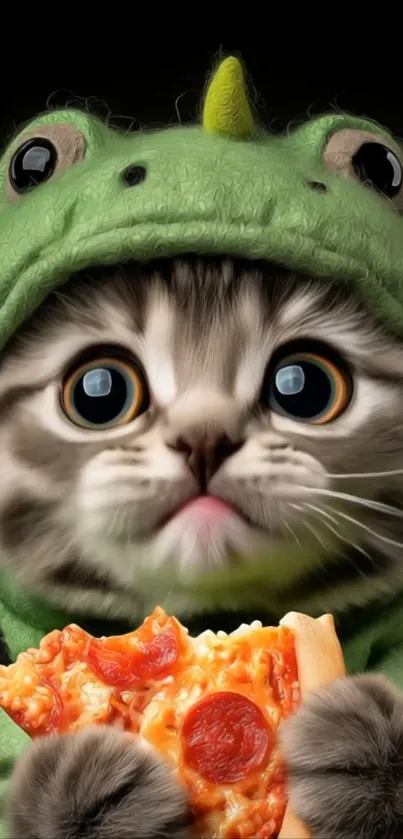 Cute kitten in dinosaur hoodie eating pizza.