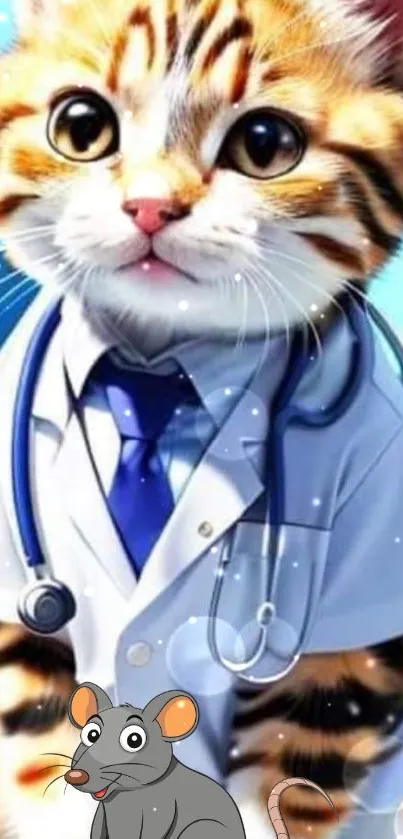 A cute cartoon cat in a doctor outfit with a rat illustration.