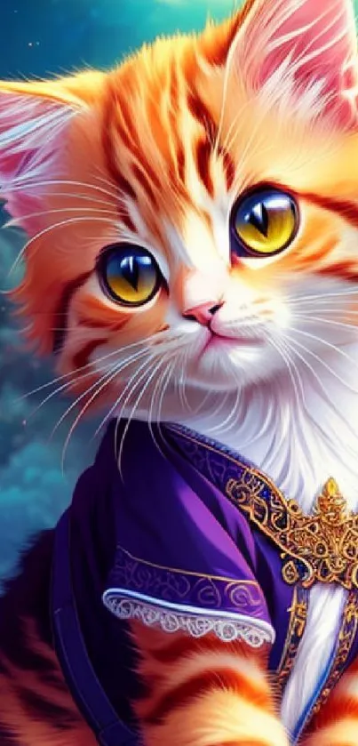 Adorable orange tabby cat in purple attire under moonlight.