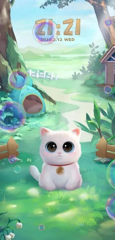 Cute white cat in enchanted forest wallpaper.