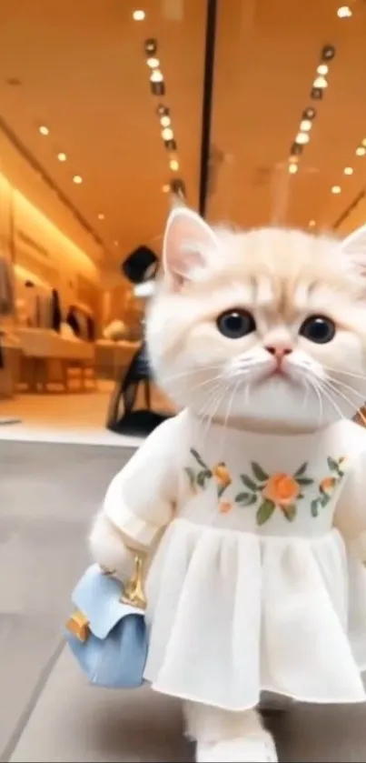 Cute cat dressed in a floral outfit holding a small purse.