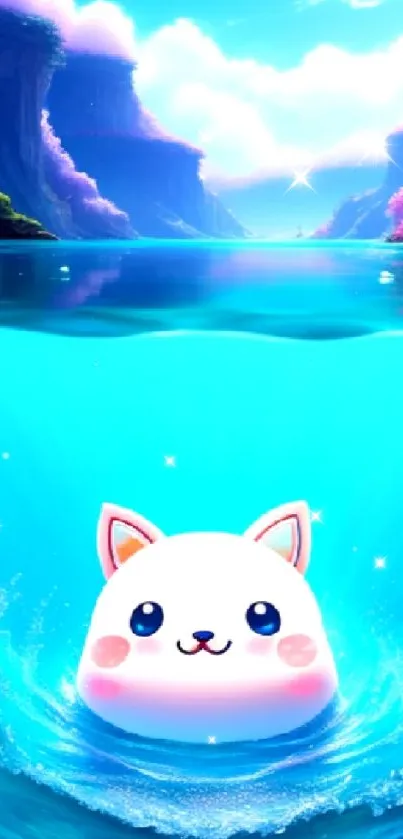 Whimsical wallpaper of a cute cat in a turquoise fantasy lake.