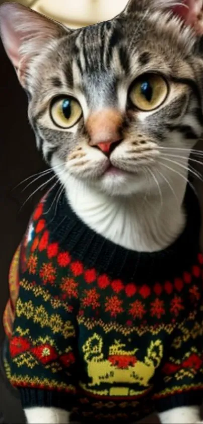 Cute tabby cat in colorful festive sweater.