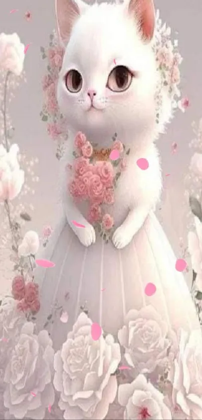 Cute white cat in a floral pink dress surrounded by roses.