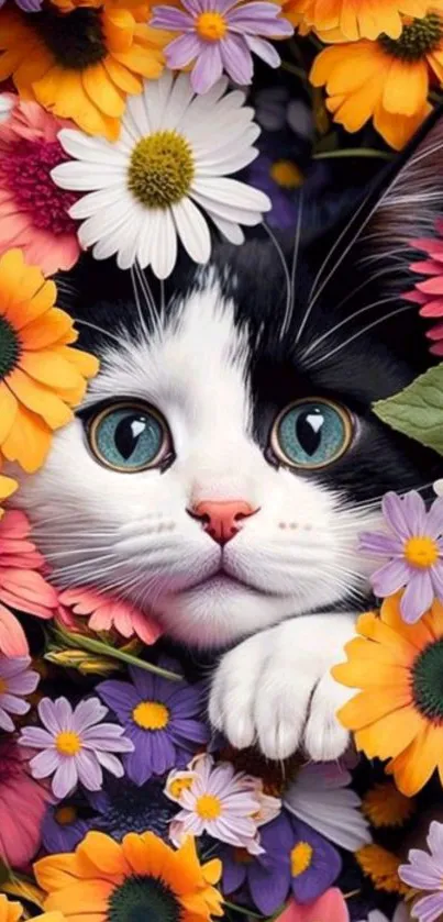 Adorable cat nestled in colorful spring flowers.