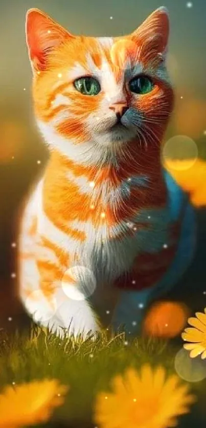 Ginger cat strolling in a vibrant flower field.