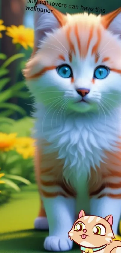 Cute orange and white cat in a bright flower field with a playful design.