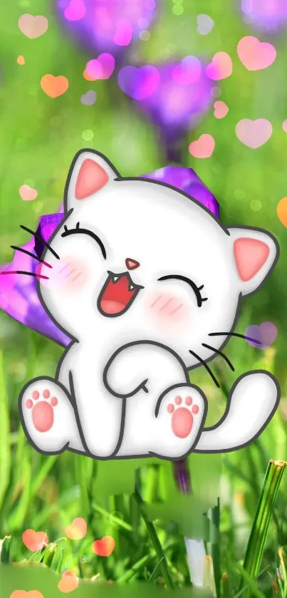 Cute cartoon cat in a vibrant garden with colorful flowers.