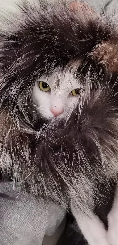 Cute white cat wrapped in a fluffy fur hood.