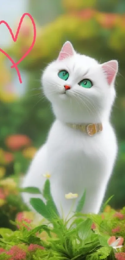 Cute white cat with green eyes in a garden, heart drawing above.