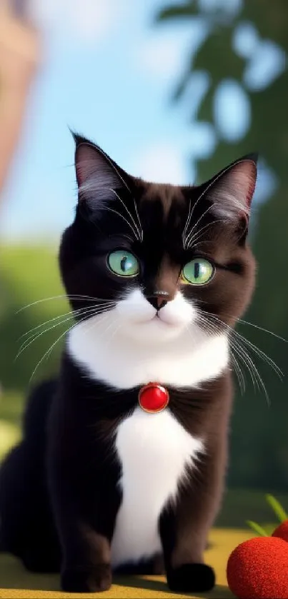 Black and white cat with green eyes in a colorful garden.