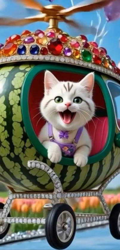 A happy cat in a gemstone watermelon helicopter against a bright blue sky.