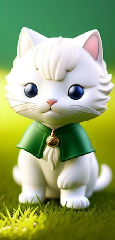 Cute cartoon cat wearing a green cloak on a grassy background.