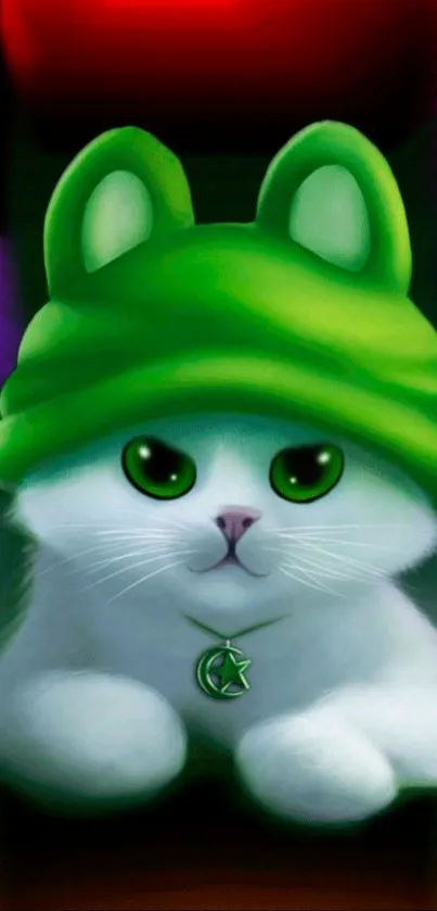 Cute white cat wearing green hat, vivid mobile wallpaper.