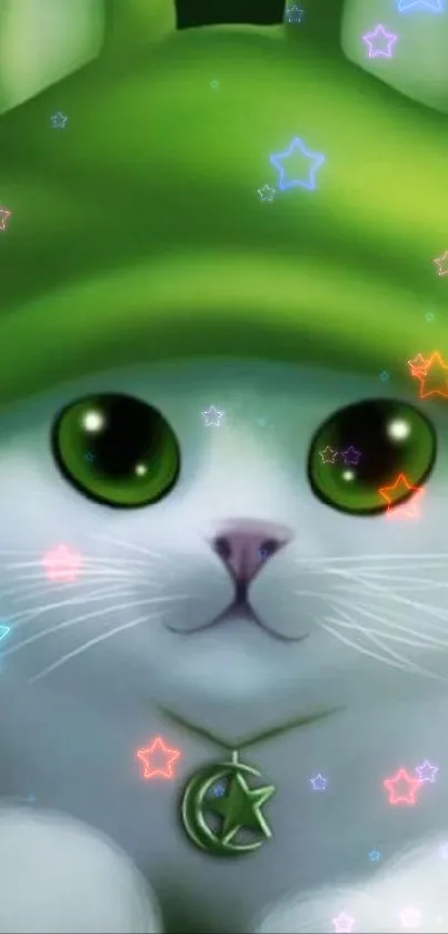 Adorable cat with green hat, bright eyes.