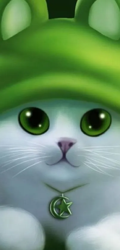 Cute white cat with green hat and eyes.