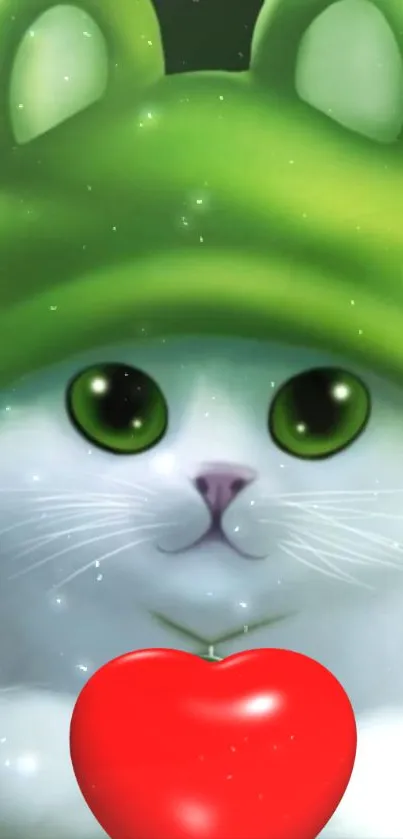 Cute white cat in green hat with red heart.