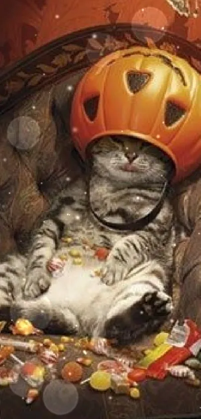 Funny cat wearing a pumpkin helmet, surrounded by Halloween candy on a chair.