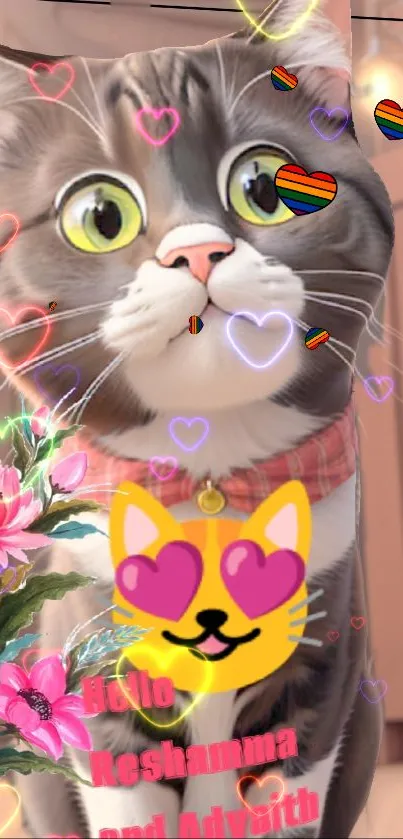 Cartoon cat with hearts and flowers in a cute, colorful phone wallpaper.