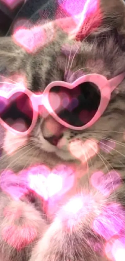 Grey cat with pink heart sunglasses lying down playfully.