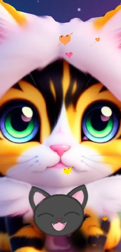 Cute cartoon cat with hooded fluffy coat and big green eyes.