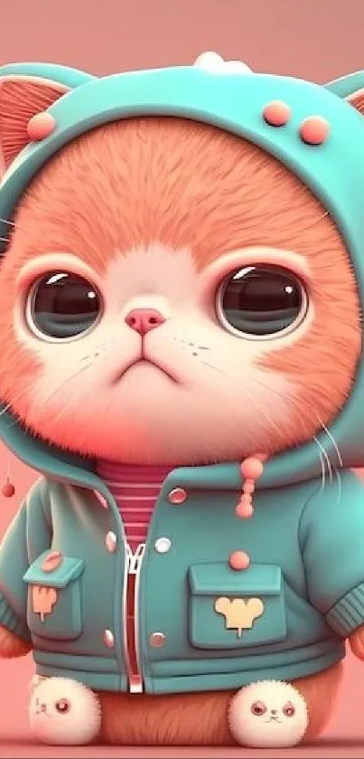 Adorable cartoon cat in teal hoodie on pink background.