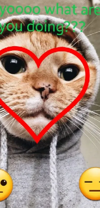 A cute cat in a gray hoodie with heart and emoji elements.