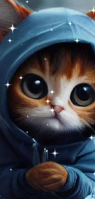 Charming kitten in blue hoodie mobile wallpaper.