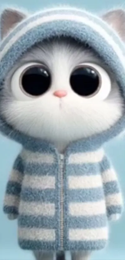 Adorable cartoon cat in a blue striped hoodie with big eyes.