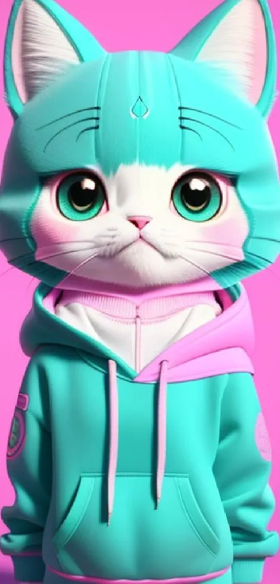 Cute cat in teal hoodie on pink background, perfect for mobile wallpaper.