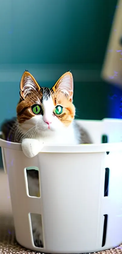 Cute cat sitting in a white laundry basket with teal wall background.