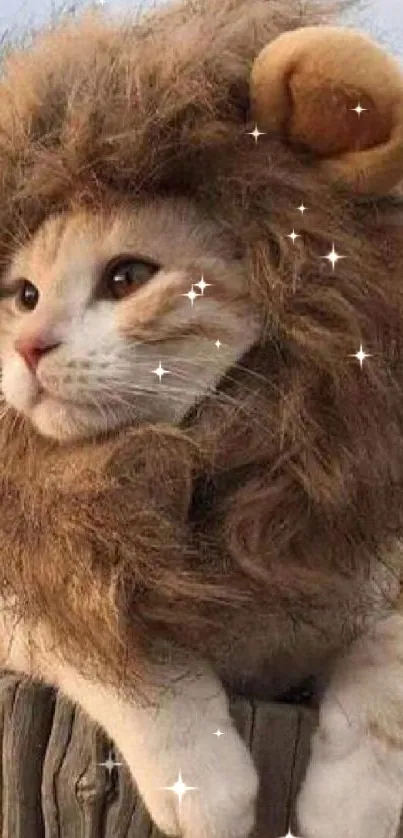 Cute cat in a lion costume sitting on a wooden post in a sandy area.