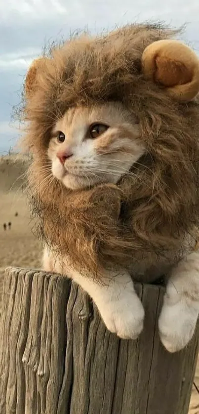 A cute cat wearing a lion costume on a wooden post in a sandy desert.