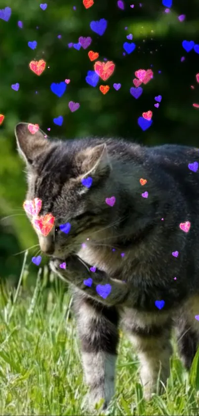 Tabby cat in meadow with colorful hearts overlay.