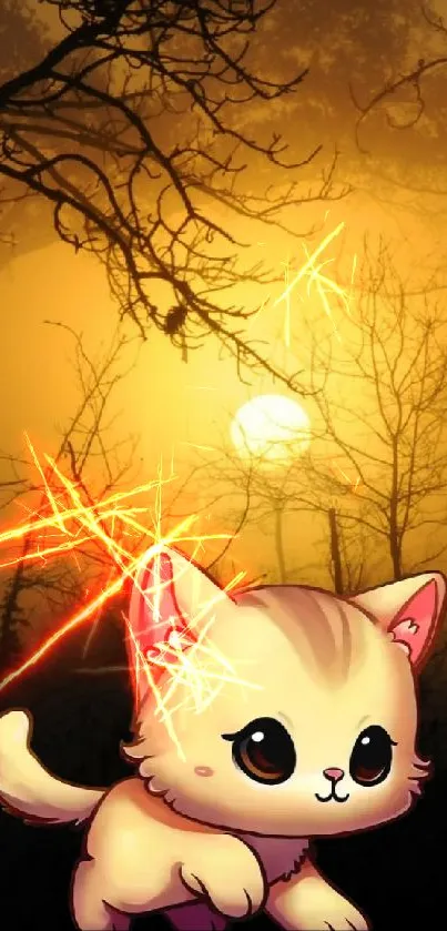 Cute cartoon cat in a mystical forest at sunset.