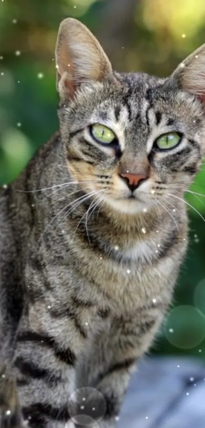 A tabby cat with green eyes sits amid a bokeh background.