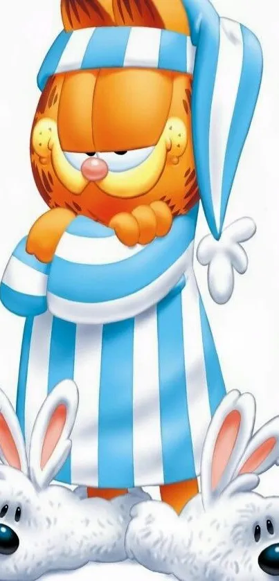 Cartoon cat in blue-striped pajamas with fluffy slippers.