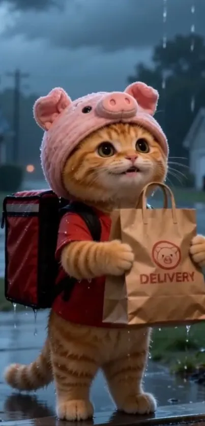 Cute cat in a pig hat delivering in the rain.