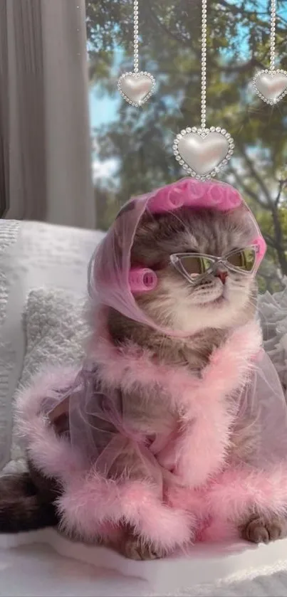 Adorable cat in pink attire with heart ornaments.