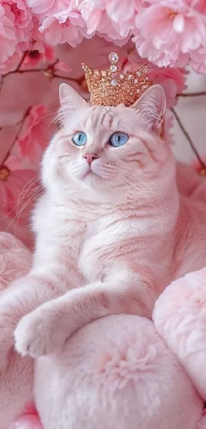 Cat wearing a crown surrounded by pink cherry blossoms.