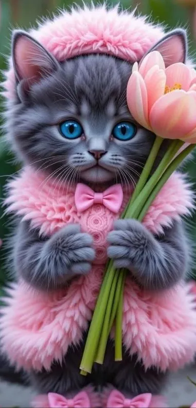 Gray kitten in pink clothes holding tulips.