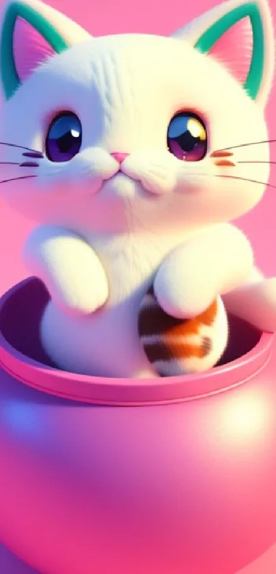 Adorable cartoon cat in a pink vase with a soft pink background.