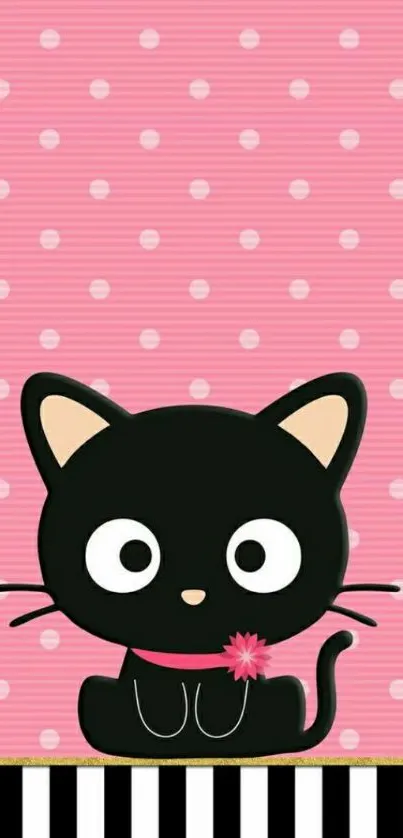 Cute black cat on pink polka dot mobile wallpaper.