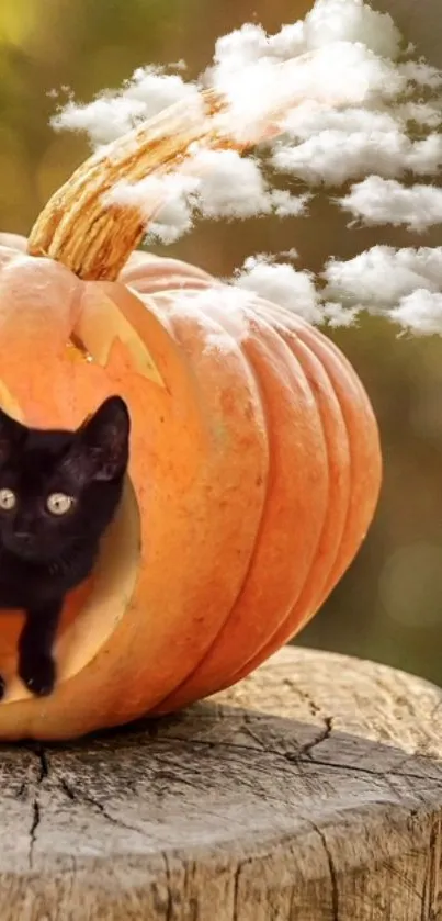 Black cat poking from a carved pumpkin with clouds and autumn vibes.