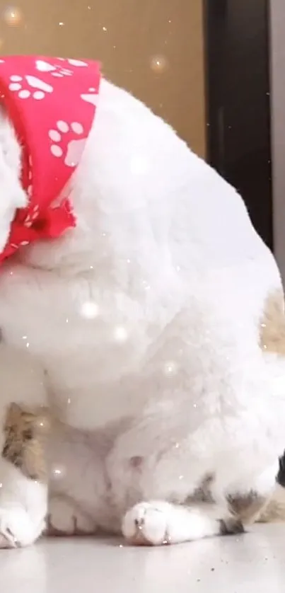 White cat in red bandana with sparkles.