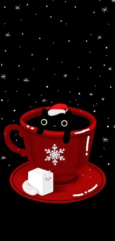 Black cat in a red cup with snowflakes, set on a starry black background.