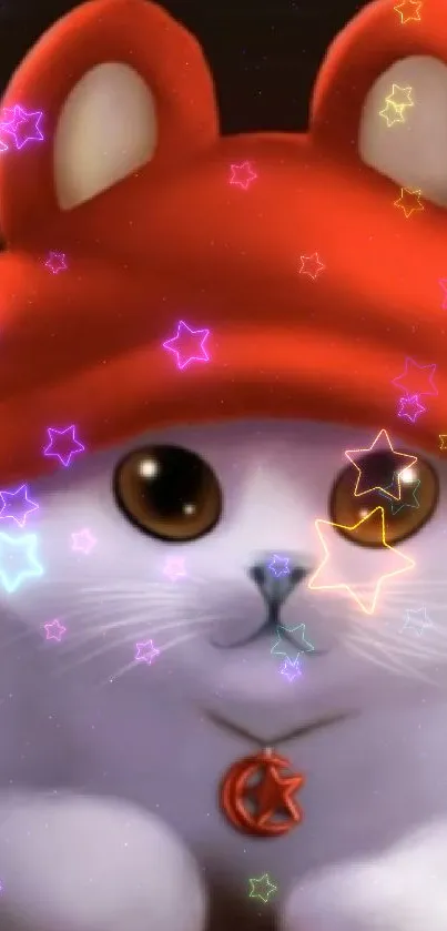 Cute cat with big eyes wearing a red hat, digital art wallpaper.