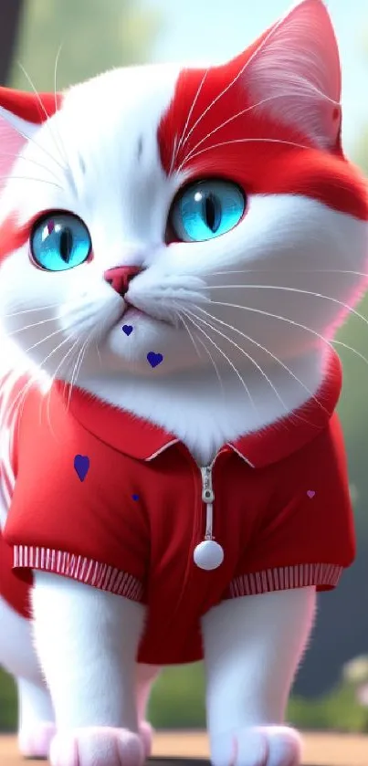 A cute white and red cat with blue eyes wearing a red jacket in a sunny garden.