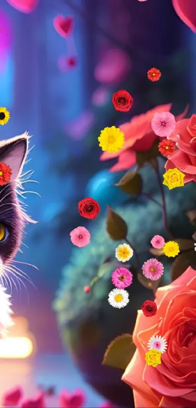 Cute cat among pink roses and hearts in a garden.